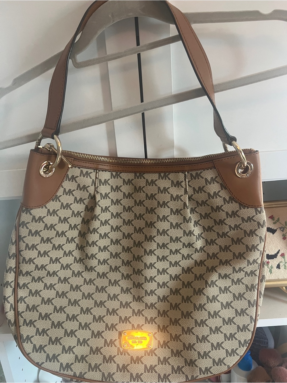 Michael Kors Beige Signature Canvas Shoulder Bag with Tan Trim